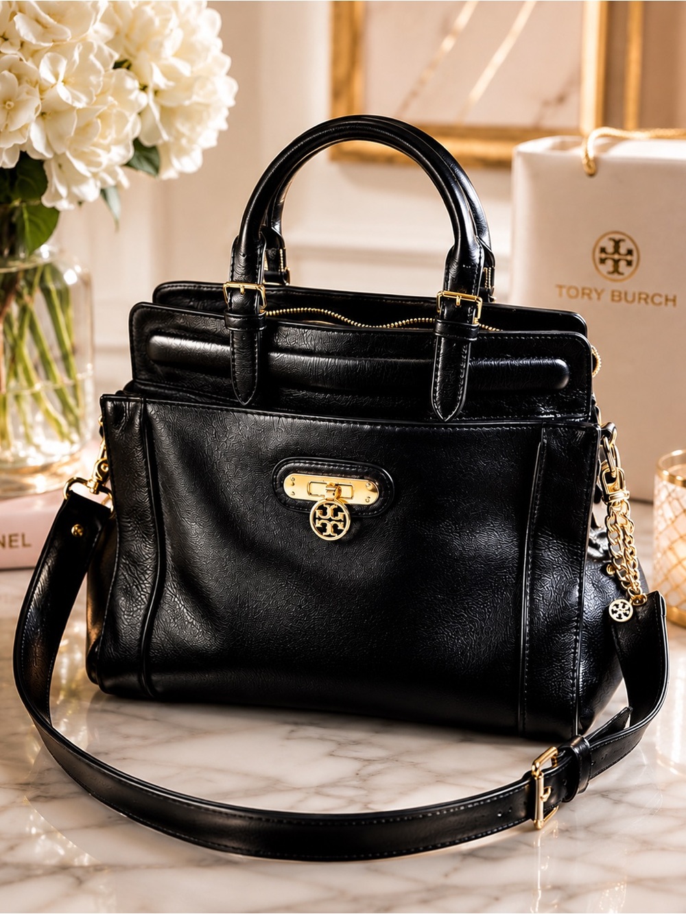 Tory Burch Daria Top Handle Satchel Black Leather Bag with FREE Tory charm